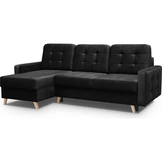 Skandinavisches Ecksofa VINCI mit Schlaffunktion, Velour Polsterecke universelle Schlafsofa (Schwarz) - Schwarz