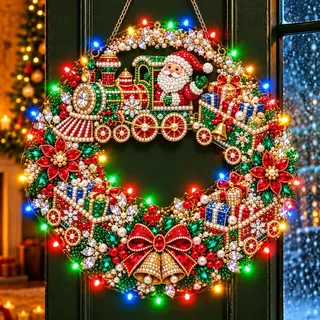 Diamond Painting Weihnachten mit LED,Diamant Painting Weihnachtskranz (V) | Diamond Painting Erwachsene,25cm Weihnachtsgirlande Weihnachtsdeko mit Beleuchtung,DIY Türkranz Anhänger Geschenk