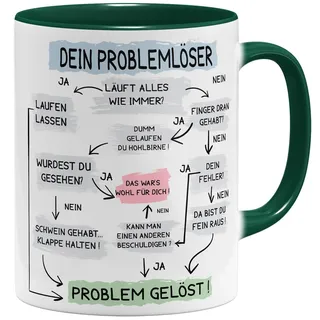 OM3® lustige Problemlöser Kaffee-Tasse mit Spruch - Problemlösung auf der Arbeit - Flowchart Diagramm - Keramik Becher - 11oz 325ml - Beidseitig Bedruckt - Grün