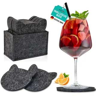 wortek Filz Untersetzer Gläser Schwarz in Katzenform – 10er Set mit Aufbewahrungsbox, Glasuntersetzer für Getränke, Tassen, Bar, Glas - Ø 10cm Tischuntersetzer Filzuntersetzer Gläser
