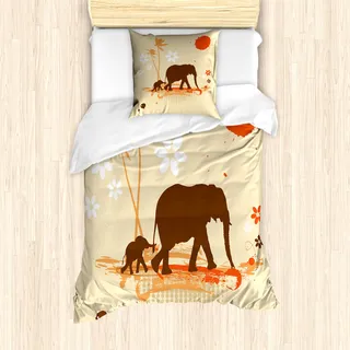 ABAKUHAUS Elefant Mantele, Safari Tropical Lands, Milbensicher Allergiker geeignet mit Kissenbezügen, 135 cm x 200 cm - 80 x 80 cm, Orange Braun Creme