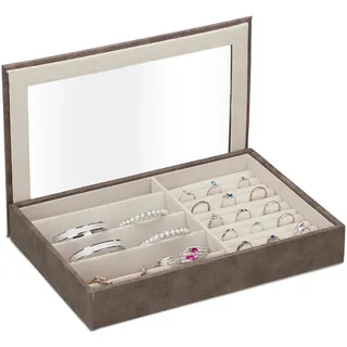 Relaxdays Schmuckkästchen, mit Sichtfenster, HxBxT: 5 x 30 x 21 cm, Ringhalter, braun