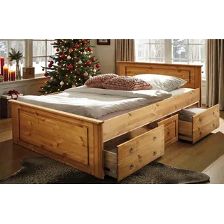 otto home Massivholzbett »Hugo, hohe Belastbarkeit! FSC® zertifiziertes Massivholz, Landhausstil", (Breite/Belastbarkeit 180cm/200KG, 140cm/180KG), Stauraumbett aus massiver Kiefer, beige