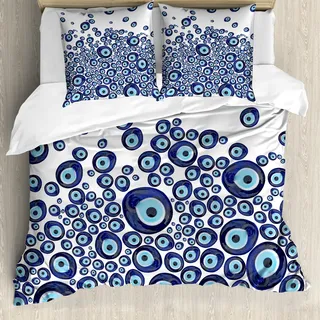 ABAKUHAUS Evil Eye Bettbezug, Blue Beads Luck, Milbensicher Allergiker geeignet mit Kissenbezügen, 155 cm x 220 cm - 80 x 80 cm, Dunkelblau Hellblau - Dunkelblau