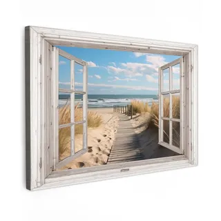 MuchoWow Leinwandbild Fenster - Meer - Küste - Natur - Ausblick - Strand - Wattenmeer Wanddeko 90x60 cm , Textil , Rechteckig , 90x60 cm , FSC 100% , gerahmt , Bilder & Rahmen, Bilder, Leinwandbilder