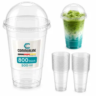 Commerline Smoothie Becher, 500 ml, 800 Stück, Slush Becher mit Domdeckel | Transparentes R-PET, Plastikbecher mit Deckel, Dessertbecher, Bubble Tea Becher, Eiskaffee To Go, Trinkhalmöffnung