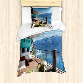 ABAKUHAUS Modern Mantele, Snowy-Berg Ozean, Milbensicher Allergiker geeignet mit Kissenbezügen, 135 cm x 200 cm - 80 x 80 cm, Himmelblau und Braun - Himmelblau