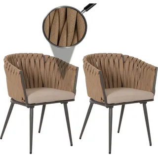 2er-Set Aluminium-Gartenstuhl HWC-N38, Outdoor Stuhl Armlehne, Olefin Seilgeflecht Rope  beige Kissen hellbraun - Beige