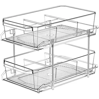 2-stöckiger transparenter Organizer mit Trennwänden für Schrank/Theke, vielseitig verwendbarer ausziehbarer Aufbewahrungsbehälter – Küche, Speisekammer, Medikamentenschrank, Aufbewahrungsbehälter –