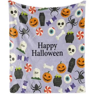 ABAKUHAUS Halloween Weich Flanell Fleece Decke, Happy Halloween Beschriftung mit Scary Symbole und Süßigkeiten Muster, 175 x 230 cm, Pastell Lila Mehrfarbig