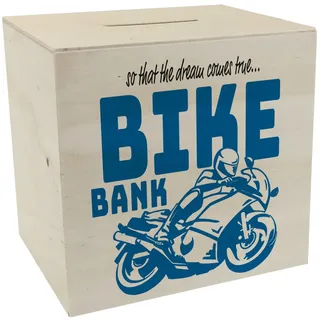 Bike Bank Spardose aus Holz in blau zum Thema Motorradkauf und Motorrad Fahren schöne Sparbüchse Geschenk für Sparfüchse die Träume eines Bikers mögen oder Sich ihren eigenen