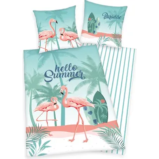 Wende Bettwäsche Set mit Flamingo 135 x 200 + 80 x 80 cm