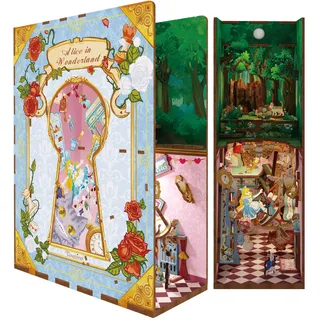 Tonecheer DIY Book Nook Kit 3D Holzpuzzle Modellbausatz für Erwachsene, Miniatur Haus Kit mit Licht Bastelset Personalisierte Geschenke für Frauen und Männer (Alice im Wunderland)