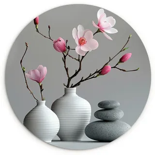 MuchoWow Wandbild Magnolie - Blumen - Rosa - Zen-Steine Wanddeko Schlafzimmer 60x60 cm , Hellgrau , Kunststoff , Rund , 60x60 cm , einfache und schnelle Anbringung , Bilder & Rahmen, Bilder, Sonstige Wandbilder