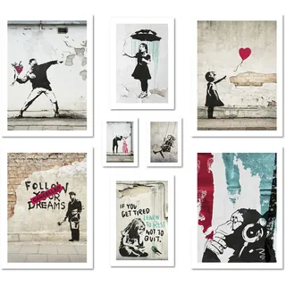 ARTFAVES® Poster Set - BANKSY STREET ART - mehrteilige Wanddeko Wohnzimmer - 8 moderne Wandbilder Collage, Girl Balloon, Flower Thrower, Umbrella - ohne Bilderrahmen