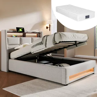 okwish LED Polsterbett 90x200 cm, Einzelbett mit USB, Jugendbett mit Metallrahmen Lattenrost, Bettgestell aus Leinen, Beige (mit Matratze) - Beige