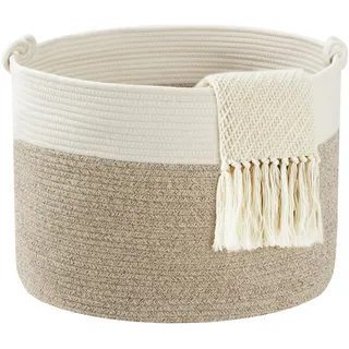 COSYLAND Aufbewahrungskorb Groß für Wohnzimmer, geflochtener Wäschekorb aus Baumwollseil, Wollkorb/Spielzeugkorb, Deckenkorb Wohnzimmer/Korb für Decken, 56×36 cm, Weiß Khaki