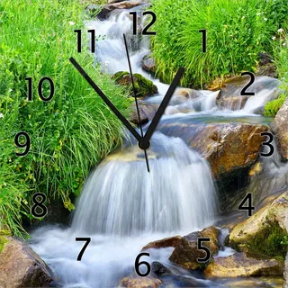 Wallario Design Wanduhr Kleiner Bach über Steine aus Echtglas, Größe 30 x 30 cm - Grün