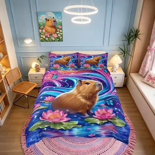 Homemissing Ozean Welle Blumen Capybara Bettwäsche 135x200cm Maritime Natur Optik für Jungen und Mädchen,Bettbezug Frischer Sommer-Look,pflegeleichtes Familien-Set mit 1 Kissenbezug