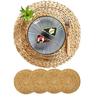 PECZEKO 4er Set Rund Seegras Platzset Abwaschbar Platzsets Tischsets Werden, Boho Platzteller, Ideal für Weihnacht Hochzeit Küche Party, Hitzebeständige 35cm Platzdeckchen Abwaschbar, Natur