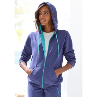 Sweatjacke KANGAROOS, Damen, Gr. 48/50, blau, Single Jersey, Obermaterial: 60% Baumwolle, 40% Polyester, bedruckt, kontrastfarbene Details, meliert, bequem hüftbedeckend, Rippbündchen, Sweatjacken Sweatjacke, mit kontrastfarbenen Details, Loungewear, Topseller