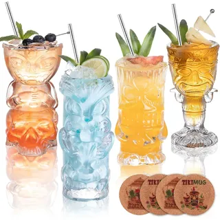 USEEKRIL 4er-Set transparenter Tiki-Gläser – exotische Tropische Cocktailgläser mit Strohhalmen und Untersetzern, Tiki Becher im Hawaii-Stil für Cocktails, Mai Tai, Zombie und Pia Colada