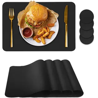 Platzdeckchen-Set, 4 Stück, Platzsets mit Untersetzern, Hitze-Flecken, Kratzfest, rutschfest, wasserdicht, öldicht, waschbar, abwischbar, Küchendekoration und Kinder (schwarz, 4)