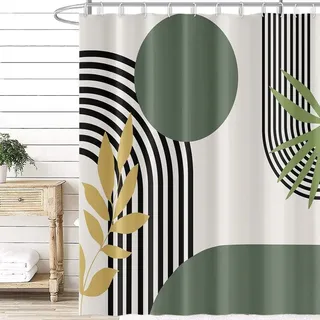 Uiiooazy Duschvorhang 180x180cm, Duschvorhang Anti Schimmel Grün Boho Style Abstrakt Grün Gelb Blätter Duschvorhänge Stoff Waschbar Wasserdicht Polyester Bad Vorhang mit 12 Haken für Badezimmer