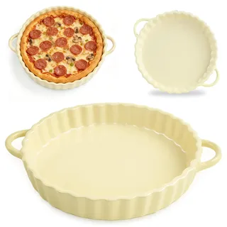 21 * 4.2 CM Tiefe Keramik-Kuchenform mit Griffen​​ – Ideal für Pie, Quiche & Tartes. Antihaft-Beschichtung, bleifrei, mikrowellen-, spülmaschinen- & ofengeeignet. Griffiges Design, Weiß (Creme-Gelb)