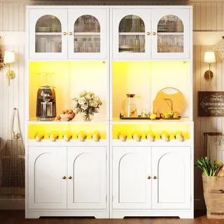 Flieks 180cm Hochschrank 2er Set mit App-RGB-LED, gewölbte Glastüren, Weinregal, Küchenschränke 2er Set, Sideboard 2er Set, Weiß - Weiß