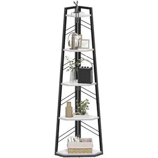 DWVO Eckregal 5 Ebenen, Eckbuchhandel mit Metallrahmen, Industrial Ladder -Bücherregal, Bodenständiges Displayregal, Hoher Speicherregal, für Wohnzimmer, Küche, Schlafzimmer, Weiß Standregal