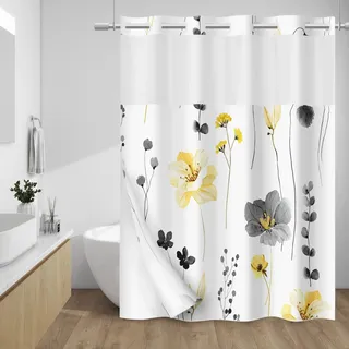 WITHLOC Duschvorhang ohne Haken mit Einrasteinsatz – Duschvorhang mit Blumenmuster – wasserdichter Stoff, Pflanzen, Aquarell, Gelb, Grau, Moderne Stoff-Duschvorhänge – maschinenwaschbar, 180 x 188 cm