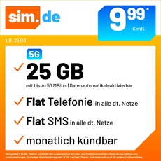 Handytarif sim.de z.B. Allnet Flat 25 GB – (Flat Internet 5G 25 GB, Flat Telefonie, Flat SMS und Flat EU-Ausland, 9,99 Euro/Monat, monatlich kündbar) oder andere Tarife
