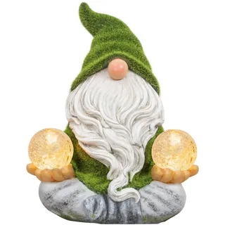 TERESA'S COLLECTIONS Lustige Gartenzwerge Gartendeko für Draußen Gartenfiguren Wetterfest Figur Yoga Zwerg Beflockte mit Zwei Glaskugel Solarleuchte Gartenwichtel Gartendeko 15cm