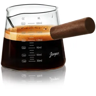 Joeyan 180ml Espresso Messbecher Glas mit Holzgriff, Klein Coffee Measuring Cup mit Skala, Milchkännchen mit V-förmiger Doppelausgießer, Messgläser barista ML/oz für Cocktail Matcha, Borosilikatglas