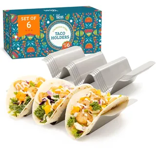 Chef Tacos Taco Halter Set (6 Stück) - Breite Taco Ständer aus Edelstahl – Tortilla Halter mit Haltegriffen – Spülmaschinenfest & Backofenfest – Perfekt für Taco Shells und auch als Hotdog Halter