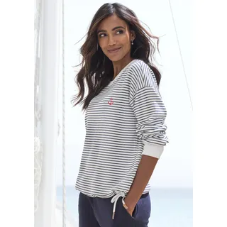 Sweatshirt H.I.S, Damen, Gr. 36/38, blau (marine, sanftes weiß), Sweatware, Obermaterial: 60% Baumwolle, 40% Polyester, gestreift, bequem hüftlang, Rundhals, Rippbündchen, Sweatshirts Sweatshirt, mit Kordelzug am Saum, Loungewear, Topseller