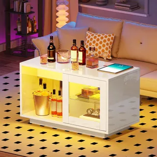 YITAHOME Couchtisch Weiß, Wohnzimmertisch Hochglanz mit LED Beleuchtung Modern, Beistelltisch Weiss mit Offenem Verstellbare Ausstellungsregal, 80x40x45cm