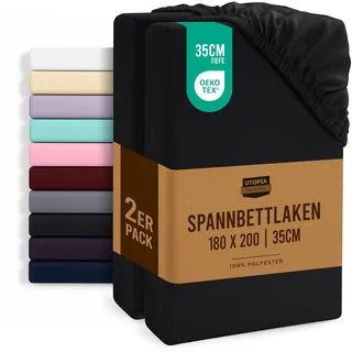 Utopia Bedding - 2er Set Spannbettlaken 180x200cm - Schwarz - Oeko-Tex Zertifiziertes - Gebürstete Mikrofaser Spannbetttuch - 35 cm Tiefe Tasche