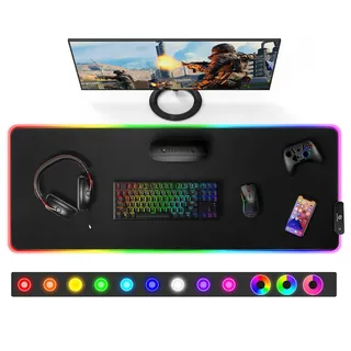 Gimars Gaming Mauspad, 12 LED Beleuchtungsmodi RGB Mousepad XXL, 800x300x5mm, Groß Desk Mat Gaming Zubehör mit wasserdichte Oberfläche, 5mm Rutschfester Gummifuß für PC Tastatur