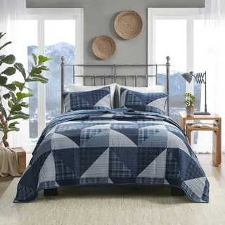 Woolrich Olsen Übergroßes Baumwoll-Bettwäsche-Set mit geometrischem Muster, Landhaus-inspirierter Bauernhaus-Look, einfarbig, leichte Decke, gemütliche Bettwäsche, blau, 3-teilig