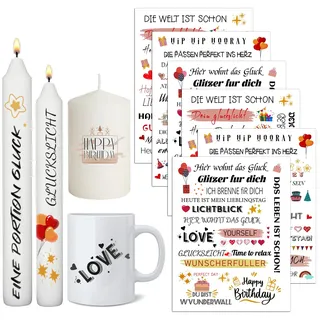 6 Stück Kerzentattoo Wassertransferdruck 200+ Muster Kerzensticker Wasserschiebefolie für Kerzen, Ideal für Ostern Advent Geburtstage sowie zur Dekoration von Gläsern Keramik und mehr