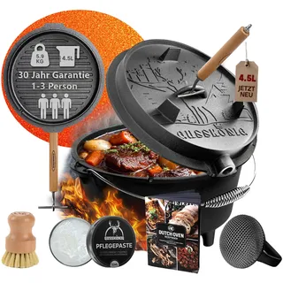 GUSSKÖNIG Premium 2in1 Dutch Oven 4,5L Set-Feuertopf Gusseisen mit Füßen | Thermometeröffnung, für 1-3 Personen, inkl. Deckelheber, Pflegepaste, Bürste, Schrubber, Rezeptbuch, 30J Garantie