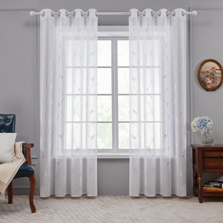 Deconovo Gardinen Weiß Vorhang Transparent Leinenoptik Ösenvorhang Voile Ösenschal Wohnzimmer, 175x140, Blumen