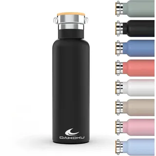 DAIKOKU Flasche, doppelwandige Edelstahl-Thermosflasche, die Getränke stundenlang heiß oder kalt hält, zwei Verschlüsse, schwarz, 500 ML