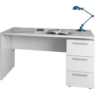 Fores Schreibtisch Moderner Büroschreibtisch, Studiertisch mit Kommode mit 2 Schubladen und 1 Tür, cm 138x60h74, Weiß - Weiß