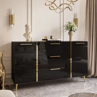 Kommode auf goldenen Beinen ONYX mit Schubladen Sideboard Schwarz / Schwarz hochglanz Goldgriffe - Schwarz