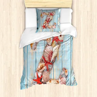 ABAKUHAUS Letter Z Mantele, Maritime Sommer-Spaß-Z, Milbensicher Allergiker geeignet mit Kissenbezügen, 135 cm x 200 cm - 80 x 80 cm, Dunkle Coral Blassblau