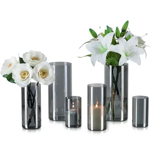 Hewory Vase Schwarz für Deko Wohnung: 6 Vasen Set Schick Blumenvase Modern Glasvasen für Tischdeko - Schönes Glasvase Zylinder Windlicht Glas Schwarz Vase Grau für Geschenk Freundin Esstisch Deko