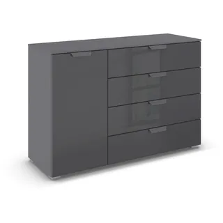Rauch Möbel Aditio, Kommode für Schlafzimmer, Wohnzimmer, Kinderzimmer, Flur, 1-türig, Glasfront, 4 Schubladen, Soft-Close-Funktion, Sideboard im modernen Look, Farbe Front Glas Basalt, Breite 120 cm